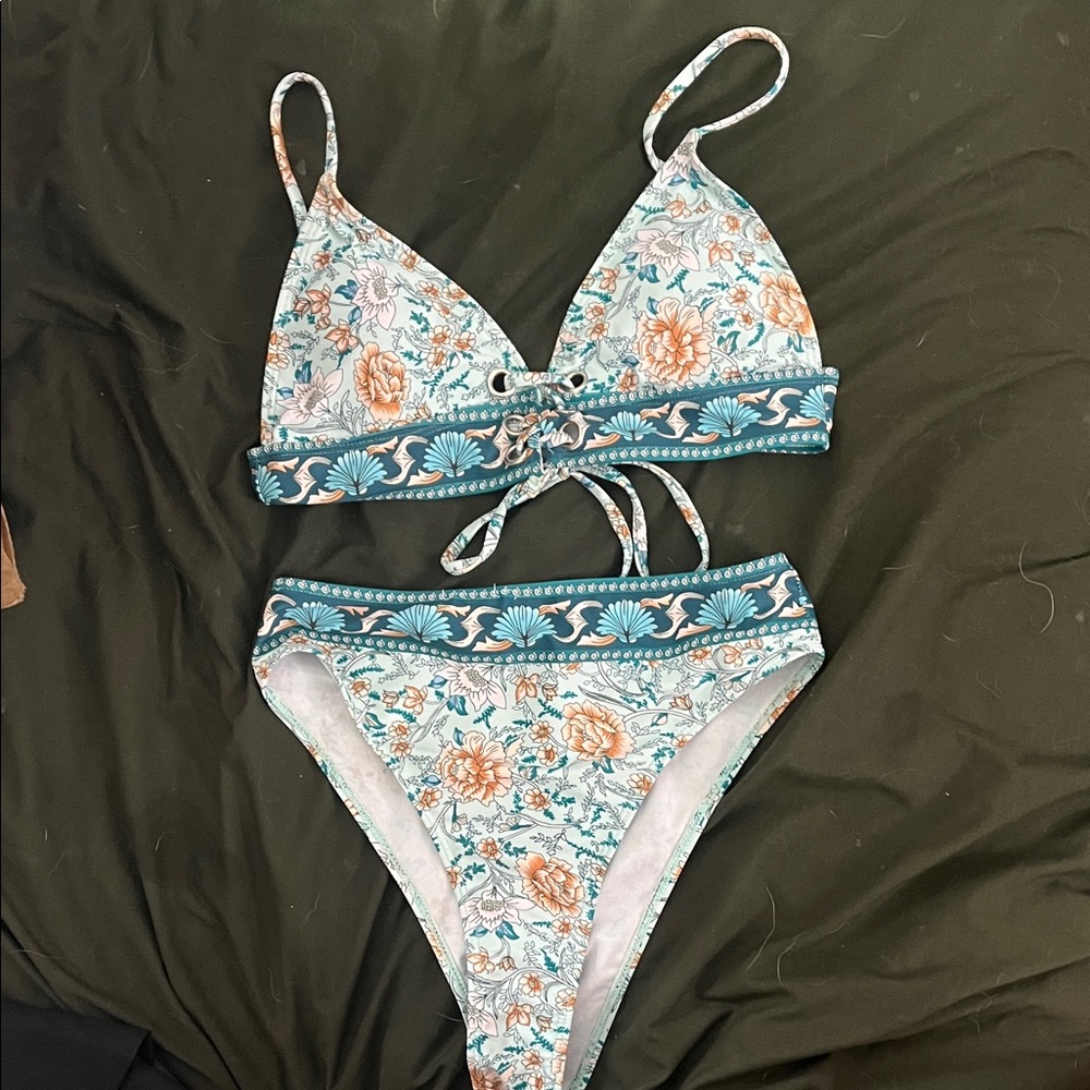 SHEIN Floral Bikini Set - Blue and Orange